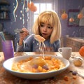 funny cute girl eats breakfast.3d illustration