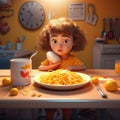 funny cute girl eats breakfast.3d illustration