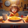 funny cute girl eats breakfast.3d illustration