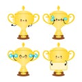 Funny cute happy golden trophy cup characters bundle set. Vector hand drawn doodle style cartoon character illustration Royalty Free Stock Photo