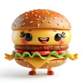 Funny cute hamburger, burger with hands and eyes, 3d illustration on a white background, for advertising and design