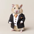 Funny cute hamster standing wearing formal suit and tie over light grey background. Realistic generative AI illustration Royalty Free Stock Photo