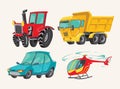 Funny cute hand drawn cartoon vehicles. Baby bright cartoon helicopter, big truck, car, and tractor. Transport child