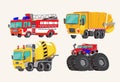 Funny cute hand drawn cartoon vehicles. Bright cartoon fire truck, fire engine, garbage truck, concrete mixer truck, and Royalty Free Stock Photo