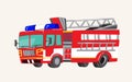 Funny cute hand drawn cartoon vehicles. Bright cartoon fire truck, fire engine, Vector illustration