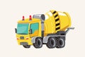 Funny cute hand drawn cartoon vehicles. Bright cartoon concrete mixer , fire engine, Vector illustration