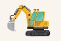 Funny cute hand drawn cartoon vehicles. Toy Car. Bright cartoon yellow Excavator, pecial Machines for the Building Work