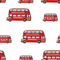 Funny cute hand drawn kids toy transport. Baby bright cartoon bus vector seamless pattern on white background. Set of isolated ele Royalty Free Stock Photo