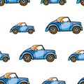 Funny cute hand drawn kids toy transport. Baby bright cartoon car vector seamless pattern on white background. Set of isolated ele Royalty Free Stock Photo