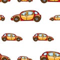 Funny cute hand drawn kids toy transport. Baby bright cartoon car vector seamless pattern on white background. Set of isolated ele