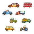 Funny cute hand drawn kids toy transport. Baby bright cartoon tractor, bus, truck, car, droll wheels, route, funny drive, beep bee