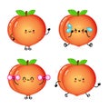 Funny cute happy peach characters bundle set. Vector hand drawn doodle style cartoon character illustration icon design