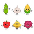 Funny cute happy vegetables characters bundle set. Vector hand drawn cartoon kawaii character illustration icon