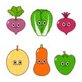 Funny cute happy vegetables characters bundle set. Vector hand drawn cartoon kawaii character illustration icon. Cute Royalty Free Stock Photo