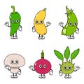 Funny cute happy vegetables characters bundle set. Vector hand drawn cartoon kawaii character illustration icon. Cute Royalty Free Stock Photo