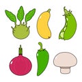 Funny cute happy vegetables characters bundle set. Vector hand drawn cartoon kawaii character illustration icon. Cute Royalty Free Stock Photo