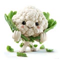 Funny cute head of cauliflower with hands and eyes, 3d illustration on a white background,