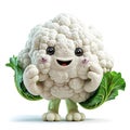 Funny cute head of cauliflower with hands and eyes, 3d illustration on a white background,