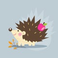 funny cute hedgehog with an apple and a sprig of berries