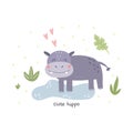 Funny cute hippo cartoon style. Vector print with lion. Printable templates