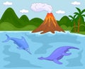 Funny cute ichthyosaurus and pliosaurus