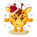 Funny cute kawaii giraffe with Christmas hat and round body surroundet by snowflakes in flat design with shadows.