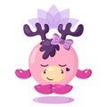 Funny cute kawaii meditating moose with lotus flower over head and round body in flat design with shadows.