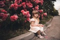 Funny cute kid girl 3-4 year old wear stylish dress posing with blooming pink flower roses in park at city street outdoors close u Royalty Free Stock Photo