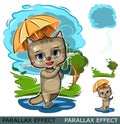 Funny cute kitty with an umbrella walks through puddles. Wind clouds bad weather. But good mood. Kid an animal