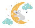 Funny cute koala on the moon among the clouds reaches for the star. Vector flat illustration in cartoon style. Nursery
