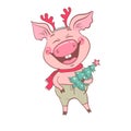 Funny cute laughing pig with Christmas deer horns on his head