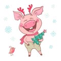 Funny cute laughing pig with Christmas deer horns on his head