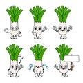 Funny cute leek characters bundle set. Vector hand drawn doodle style traditional cartoon vintage, retro character Royalty Free Stock Photo