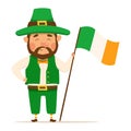 Funny and cute leprechaun with brown beard with Irish flag. Vector illistration for St. Patricks day. Happy man in