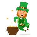 Funny and cute leprechaun with a pot of gold. Vector illistration for St. Patricks day. Happy man in a green suit