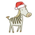 Funny and cute light green zebra horse wearing Santa`s hat for Christmas and smiling