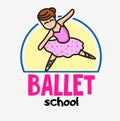 Funny cute little ballerina. Ballet girl mascot. Dance school logo concept in children style. Vector logotype template. Royalty Free Stock Photo