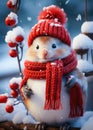 Funny cute little hamster in red hat and scarf with in winter snow forest. Christmas or New Year card