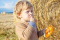 Funny cute little kid boy eating pretzel on late summer day on w Royalty Free Stock Photo