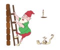 Funny cute mythological gnome climbs up from their cave by ladder