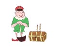 Funny cute mythological gnome with a shovel found a treasure chest