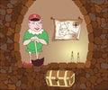 Funny cute mythological gnome with a shovel found a treasure chest