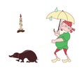 Funny cute mythological gnome walking his pet mole