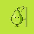 Funny cute pear character. Vector flat pear cartoon character feeling confused. Isolated on green background. Pear fruit concept