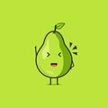 Funny cute pear character. Vector flat pear cartoon character feeling great, hands up. Isolated on green background. Pear fruit