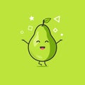 Funny cute pear character. Vector flat pear cartoon character feeling happy and jumping. Isolated on green background. Pear fruit