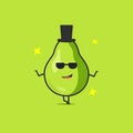 Funny cute pear character. Vector flat pear cartoon character using sunglasses and black hat. Isolated on green background. Pear