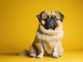 Funny cute Pekingese dog sit on soft yellow background. ai generative Royalty Free Stock Photo