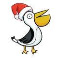 Funny and cute pelicans wearing Santa`s hat feeling happy