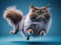 Funny cute Persian cat jump on soft blue studio background. ai generative Royalty Free Stock Photo